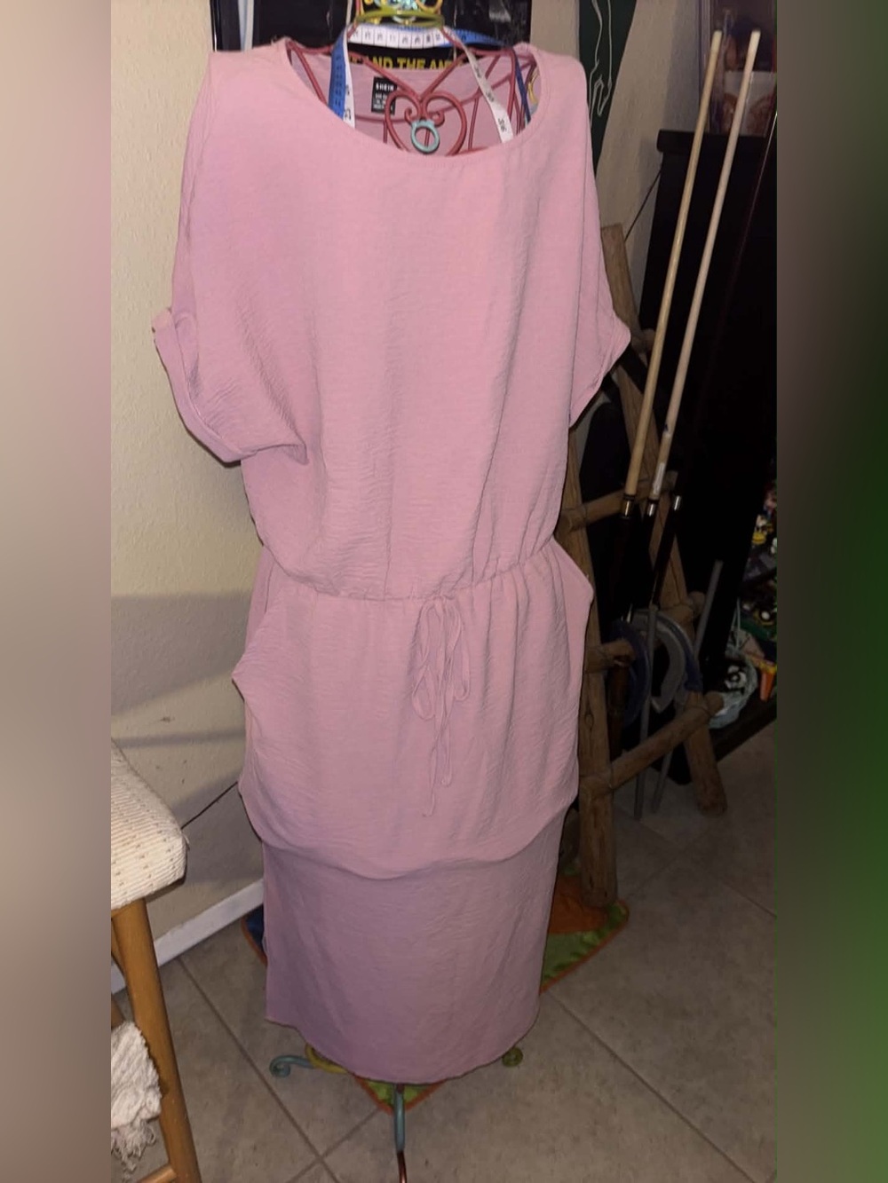 SHEIN Light Pink Blouson Waist Midi Dress